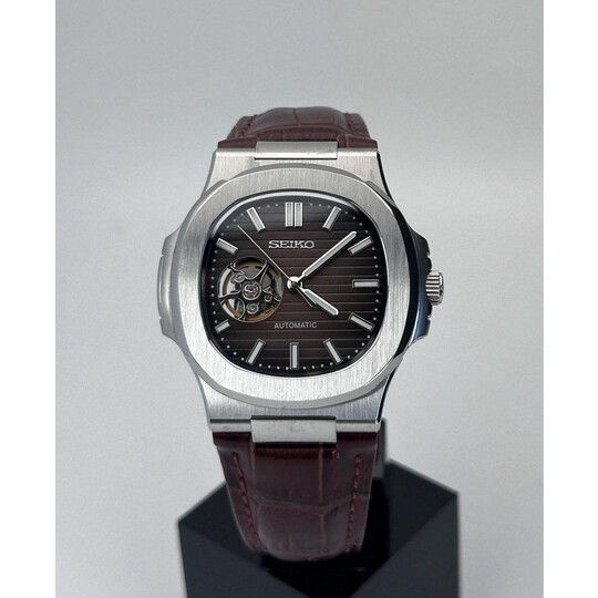 Custom Seiko Mod • Brown Open Heart Nautilus on Leather Strap • 40mm